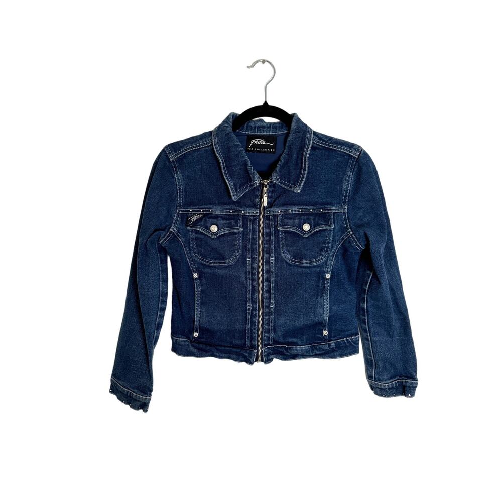 Vtg y2k Fubu Women’s Cropped Jean Jacket Sz M Denim Rhinestones Embellished 90s